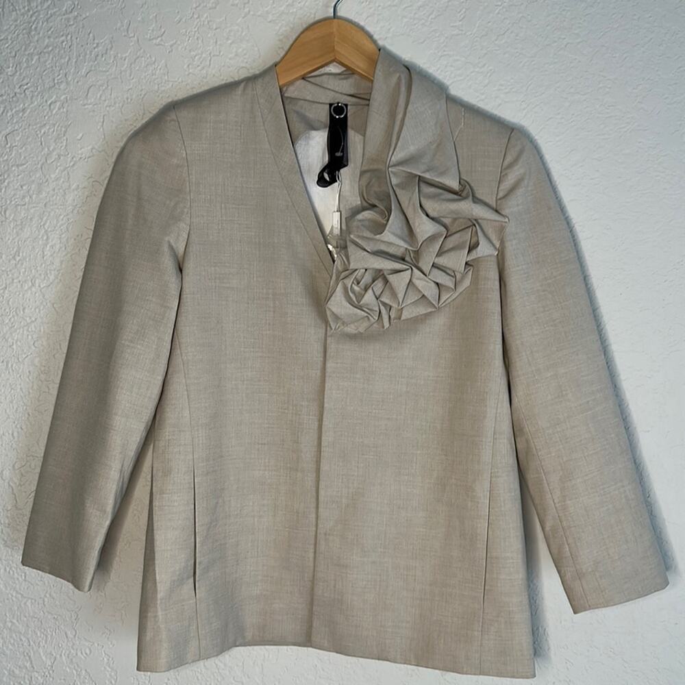 NEW Poleci Tan Blazer Embellished Front Collar Snap Close Minimalist Twee Preppy